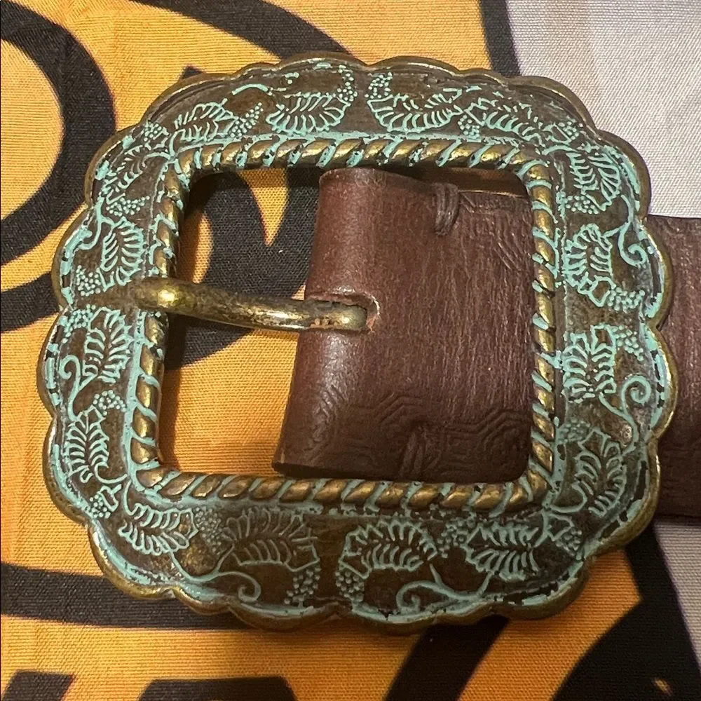 Wilson Brown Leather Belt with Gold Blue Antiqued Western Style Buckle